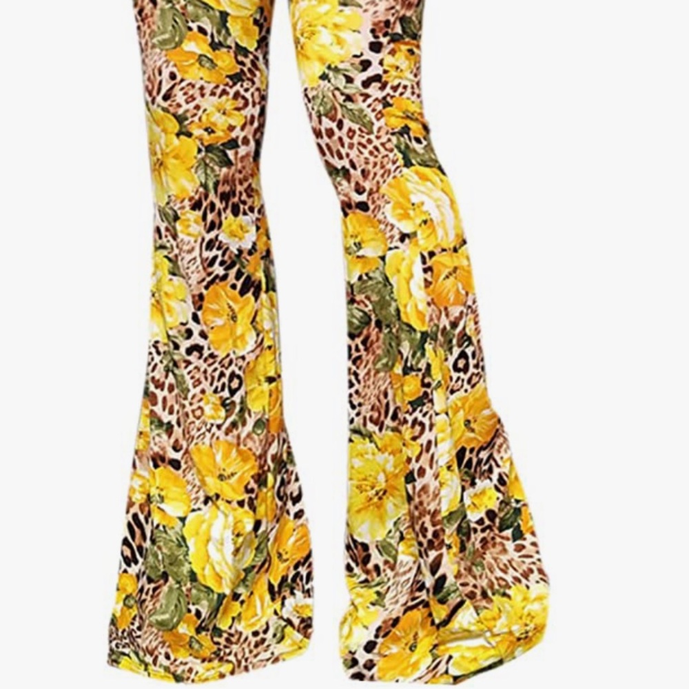 Yellow rose leopard bell bottom flared pants festival rave high waisted